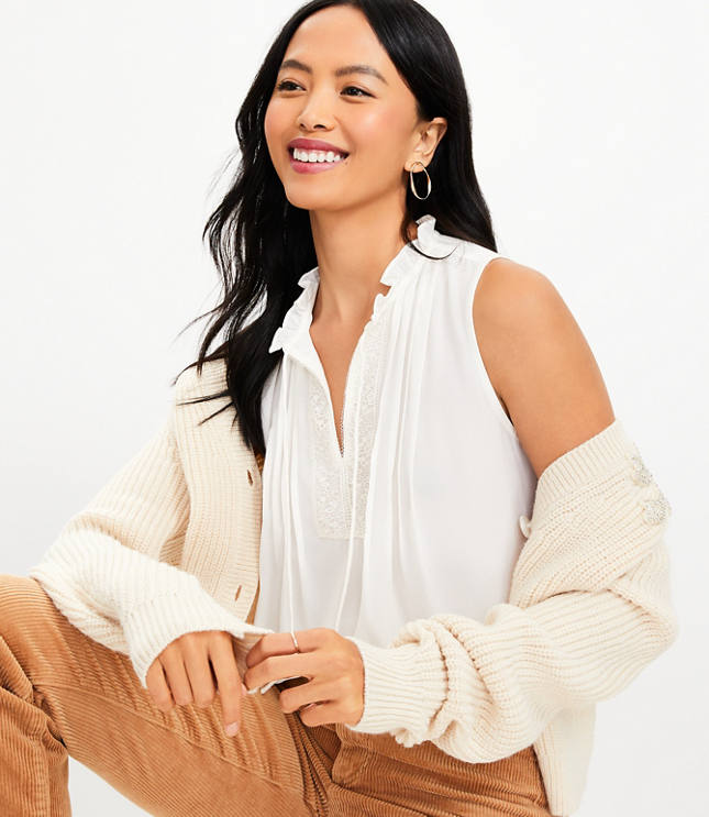 Lace Pintucked Ruffle Tie Neck Mixed Media Shell