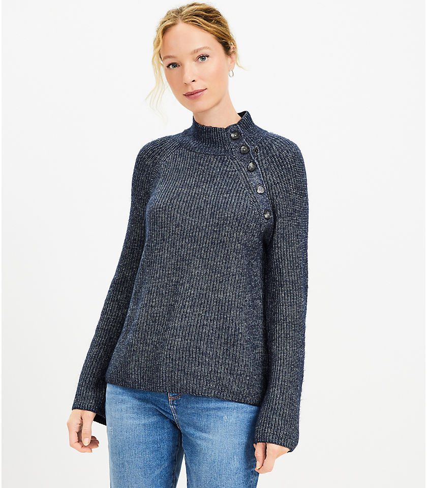 Ribbed Button Neck Flare Sleeve Sweater