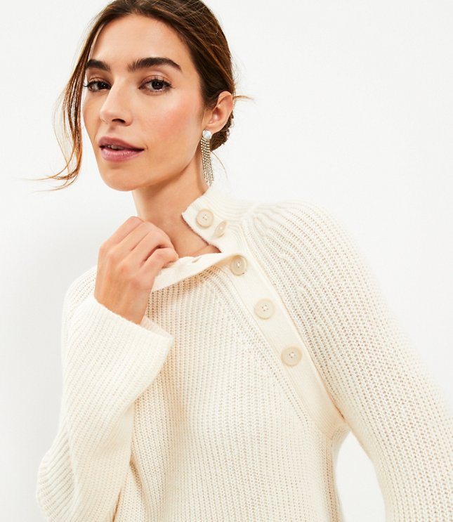 Ribbed Button Neck Flare Sleeve Sweater