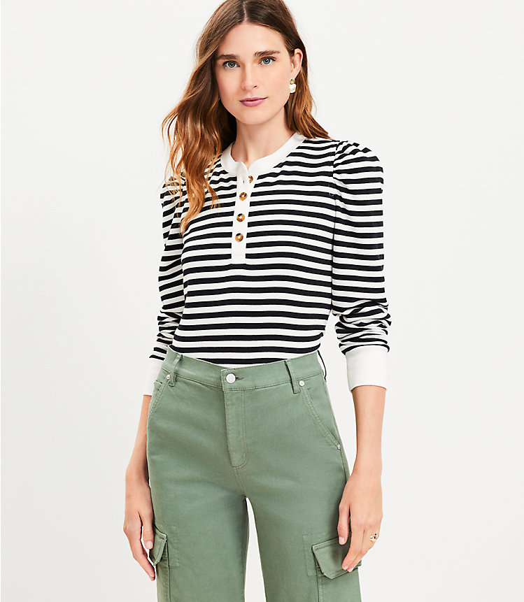Petite Striped Henley Sweatshirt
