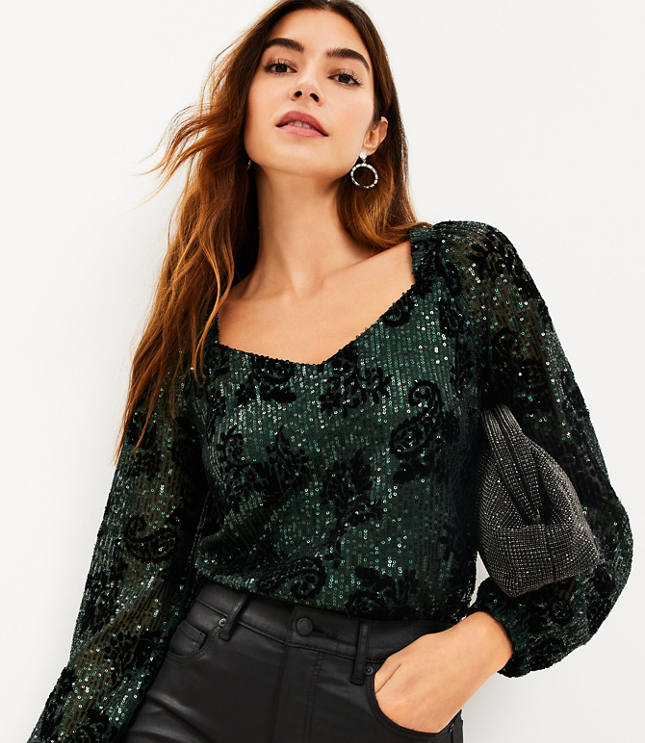 Sequin Flocked Sweetheart Neck Blouse