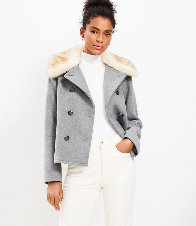 Melange Faux Fur Collar Doublecloth Jacket