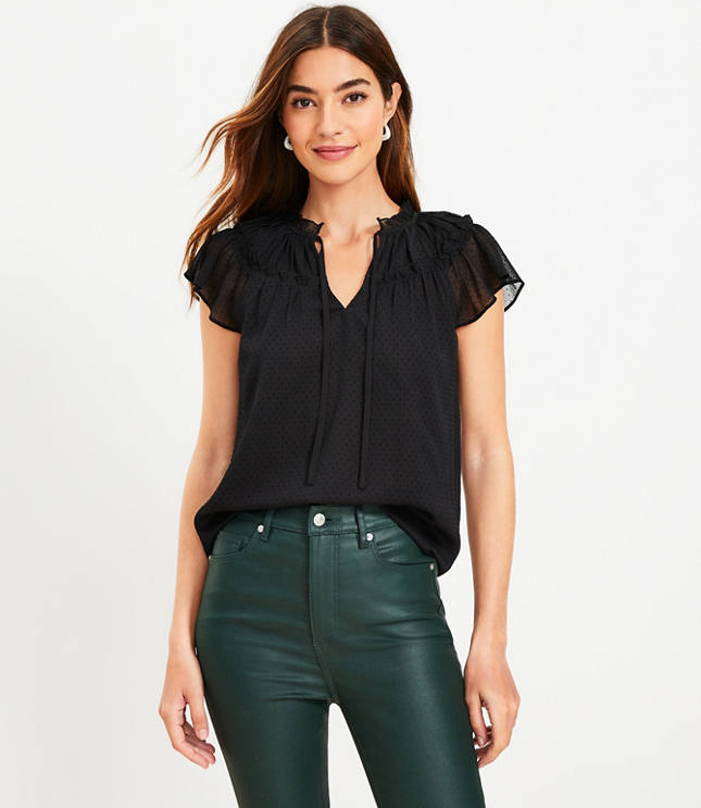 Velvet Dot Ruffle Tie Neck Flutter Top