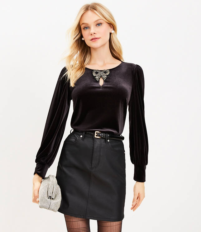 Petite Coated Denim Skirt in Black