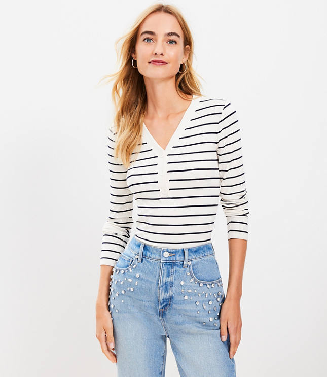 Stripe Ribbed V-Neck Henley Top