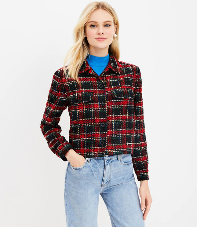 Plaid Textured Tweed Shirt Jacket