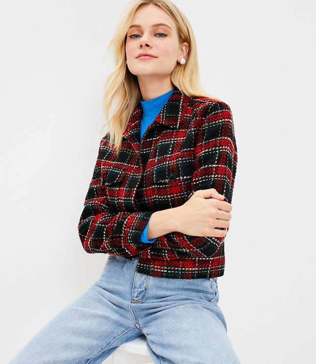 Plaid Textured Tweed Shirt Jacket