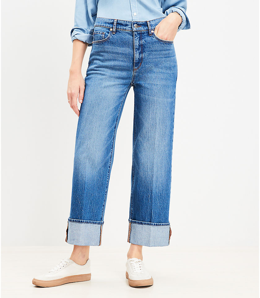 Petite Cuffed High Rise Wide Leg Crop Jeans in Bright Indigo Wash