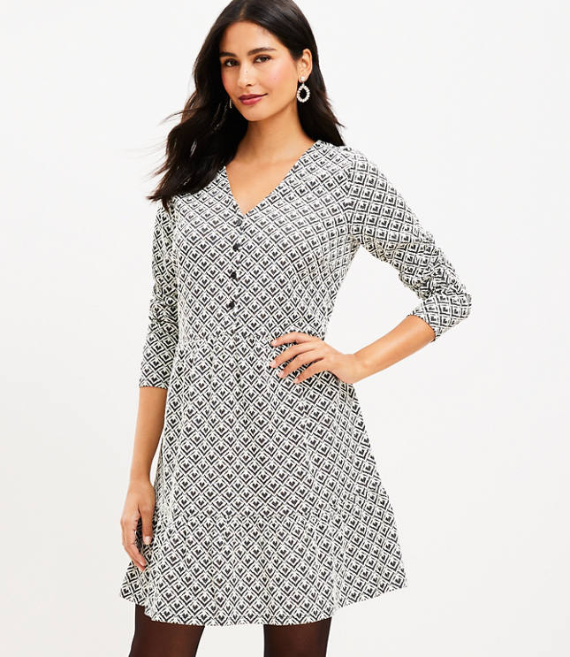 Jacquard Button Flounce Swing Dress