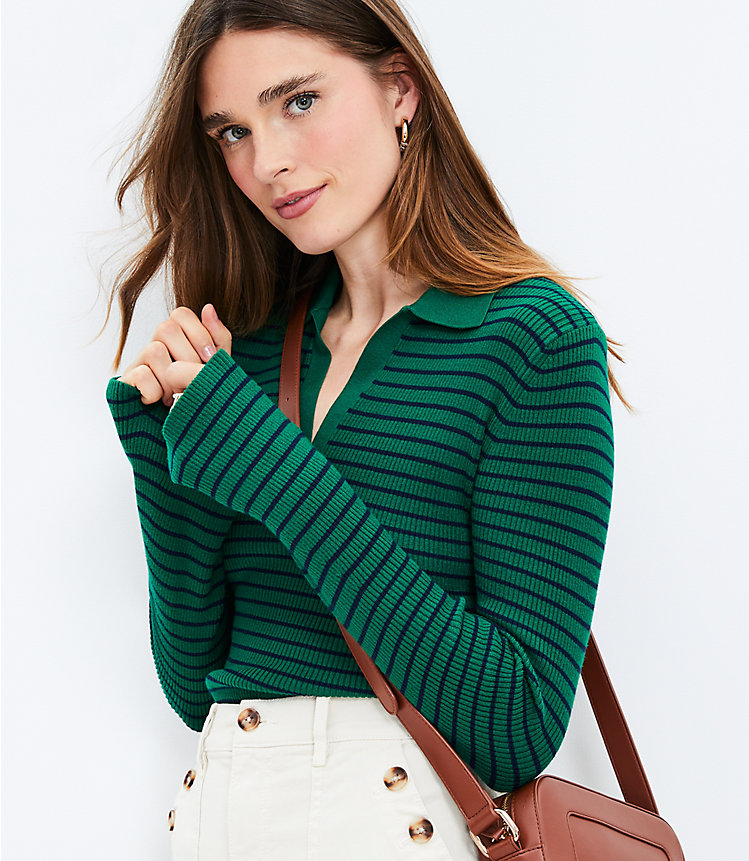 Stripe Ribbed Flare Sleeve Polo Sweater image number 1