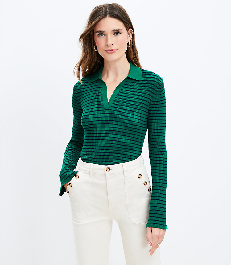 Stripe Ribbed Flare Sleeve Polo Sweater image number 2