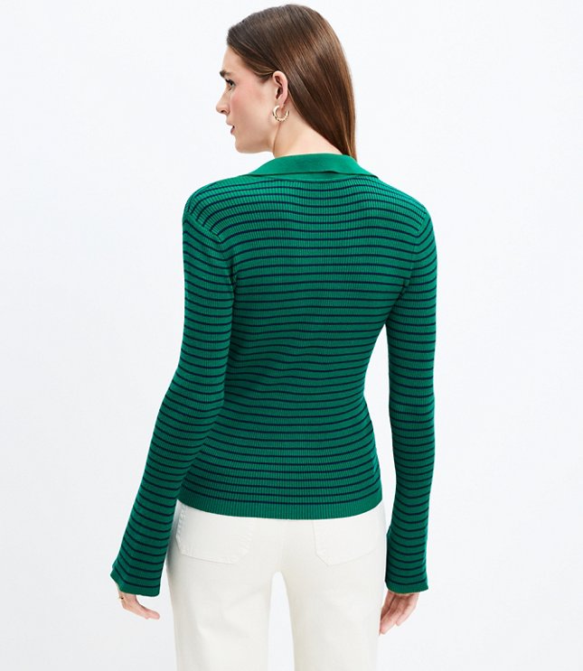 Stripe Ribbed Flare Sleeve Polo Sweater