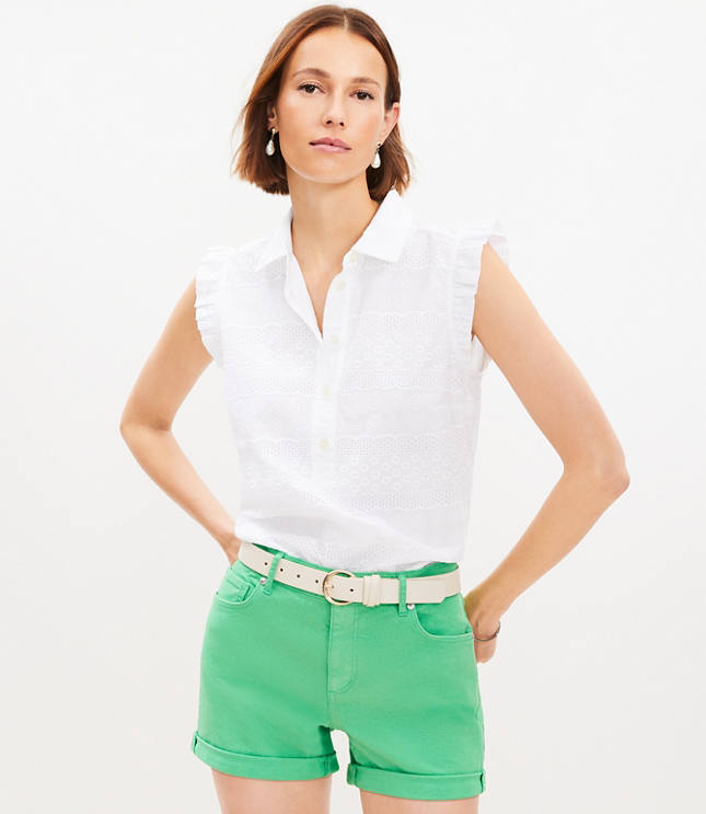 Mid Rise Denim Roll Shorts in Fresh Clover