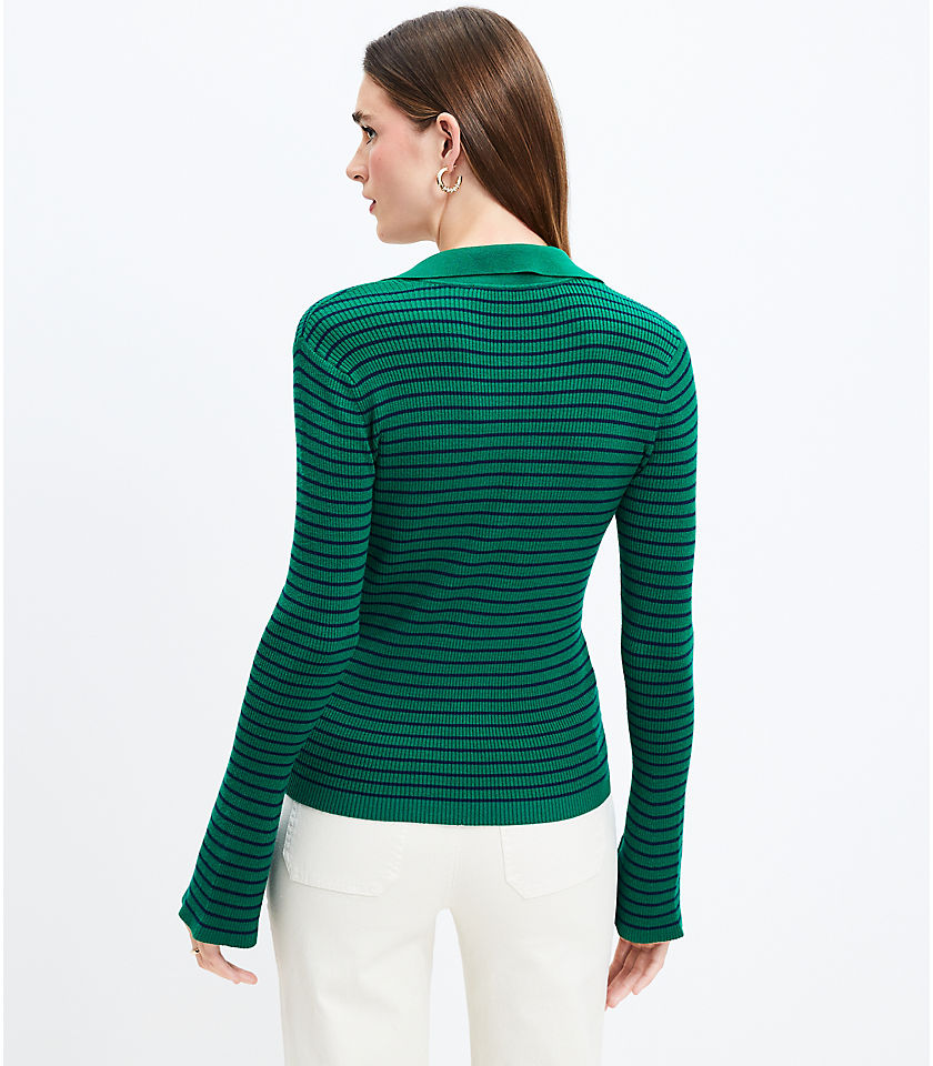Petite Stripe Ribbed Flare Sleeve Polo Sweater
