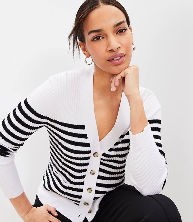 Stripe Mixed Ribbed Pocket V Neck Cardigan