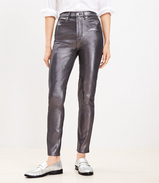 Coated High Rise Skinny Jeans in Pewter Metallic
