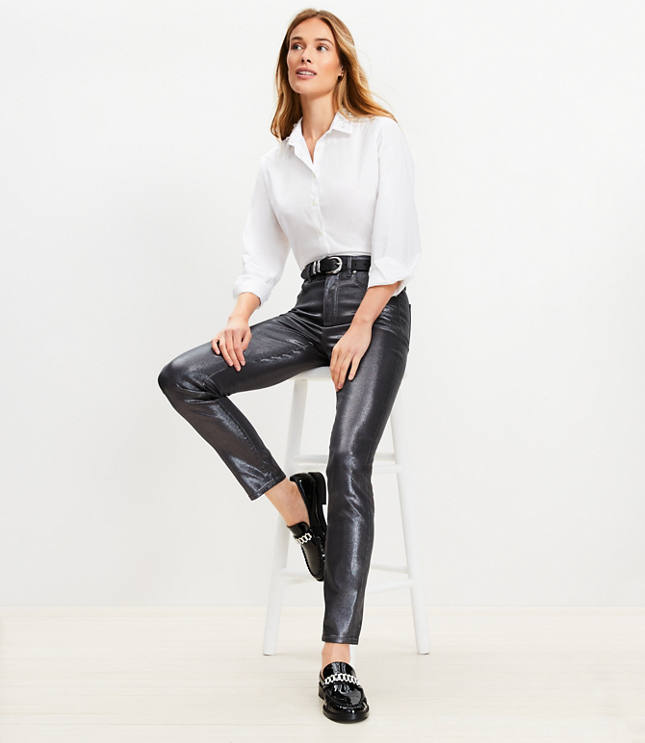 Coated High Rise Skinny Jeans in Pewter Metallic