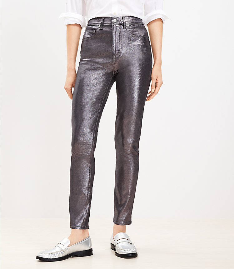 Coated High Rise Skinny Jeans in Pewter Metallic image number 0