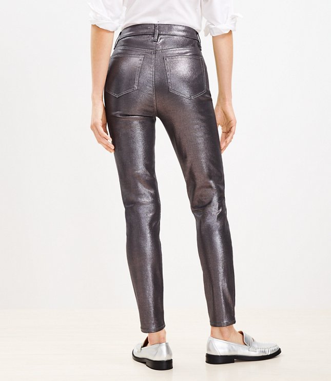 Coated High Rise Skinny Jeans in Pewter Metallic