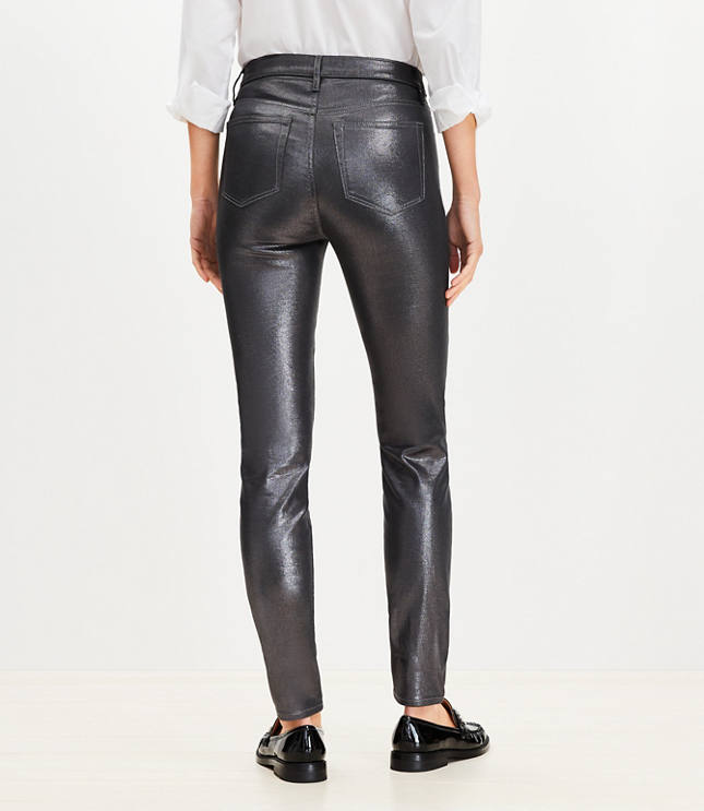 Coated High Rise Skinny Jeans in Pewter Metallic