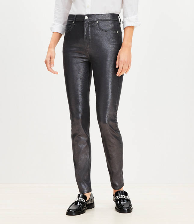 Petite Coated High Rise Skinny Jeans in Pewter Metallic