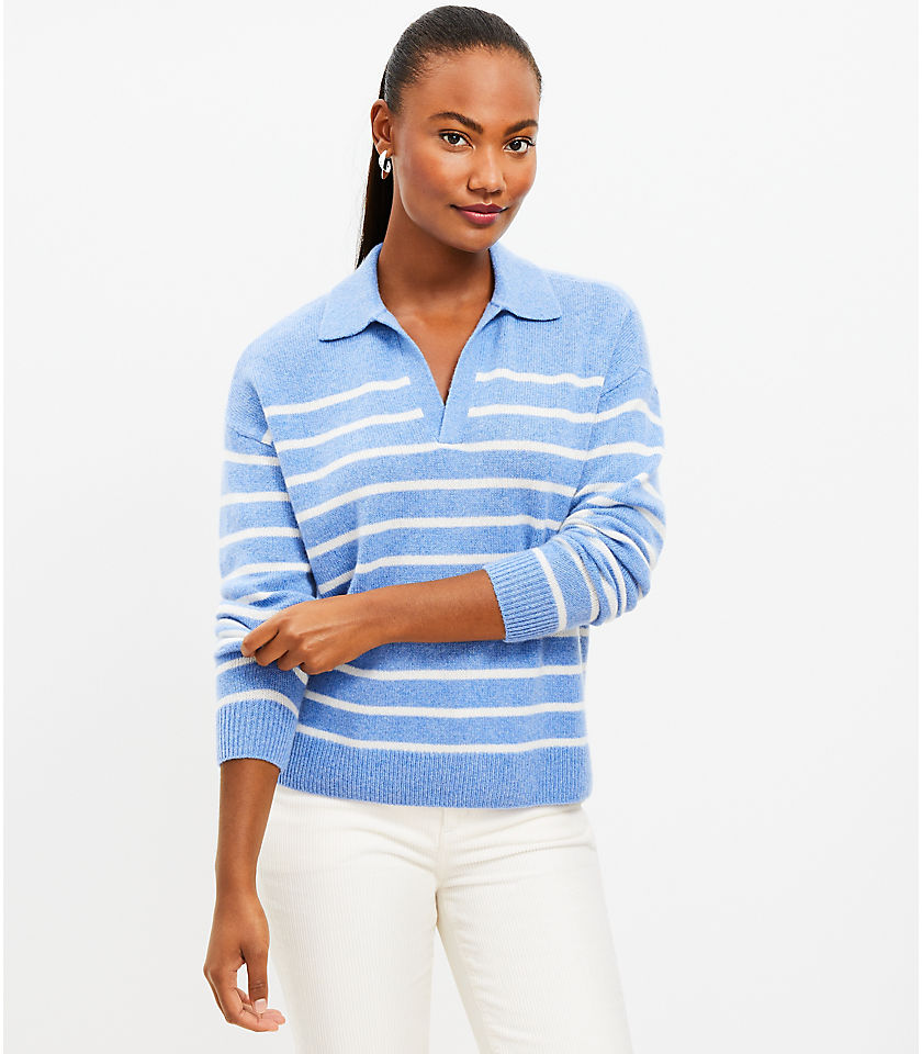 Striped Cashmere Collared Split Neck Sweater