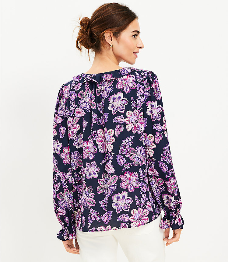 Petite Floral Ruffle Tie Neck Blouse image number 2