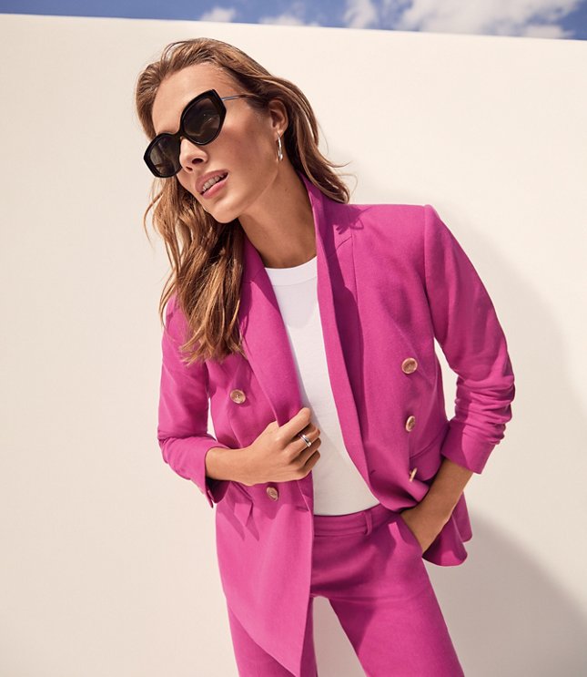 Women's 2 Piece Suit Cotton Pink Single Breasted Blazer & Pant