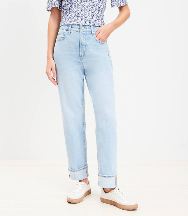 Cuffed High Rise Straight Jeans Light Wash Indigo