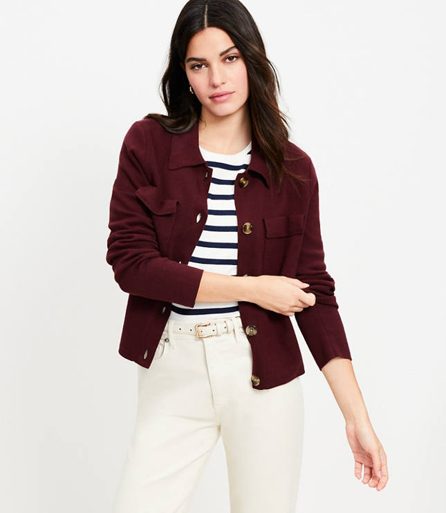 Collared Pocket Sweater Jacket - Deep Burgundy