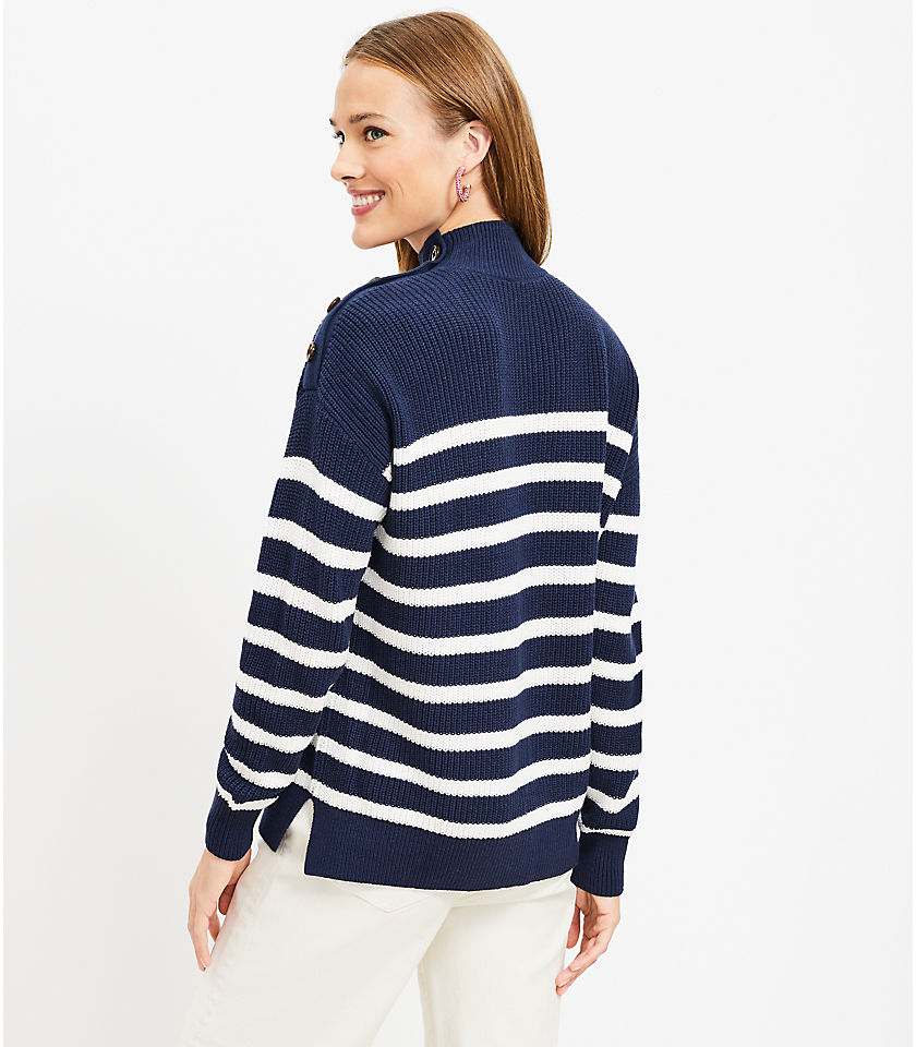Petite Stripe Ribbed Shoulder Snap Mock Neck Sweater