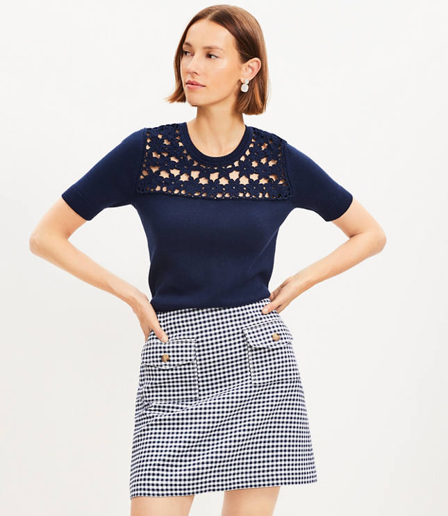 Dotted Button Trim Linen Blend Skirt - Deep Space Blue