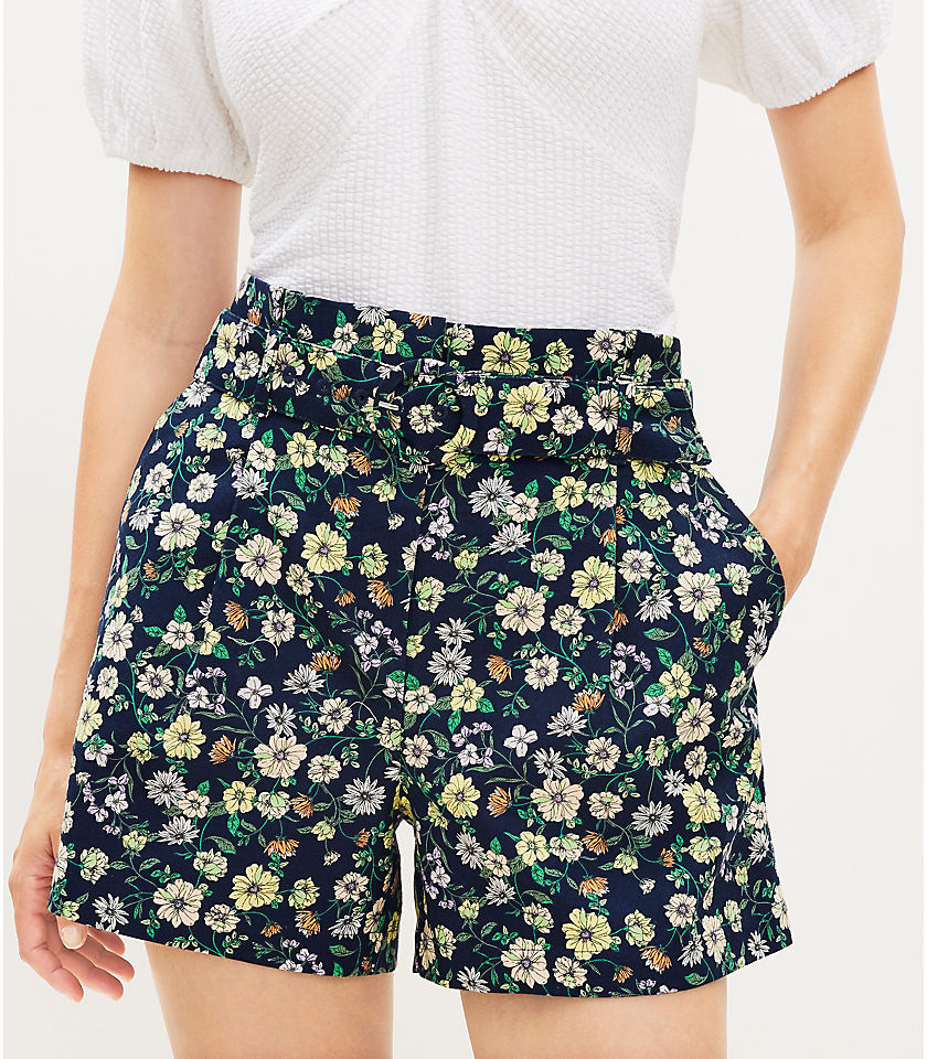 Petite Belted Pleated Shorts in Floral Twill