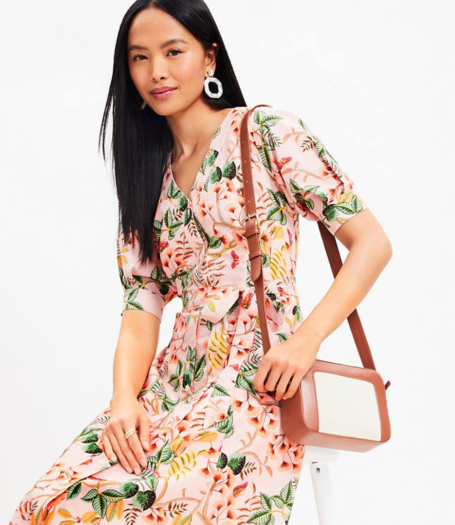 Petite Floral Shirred Flounce Midi Dress