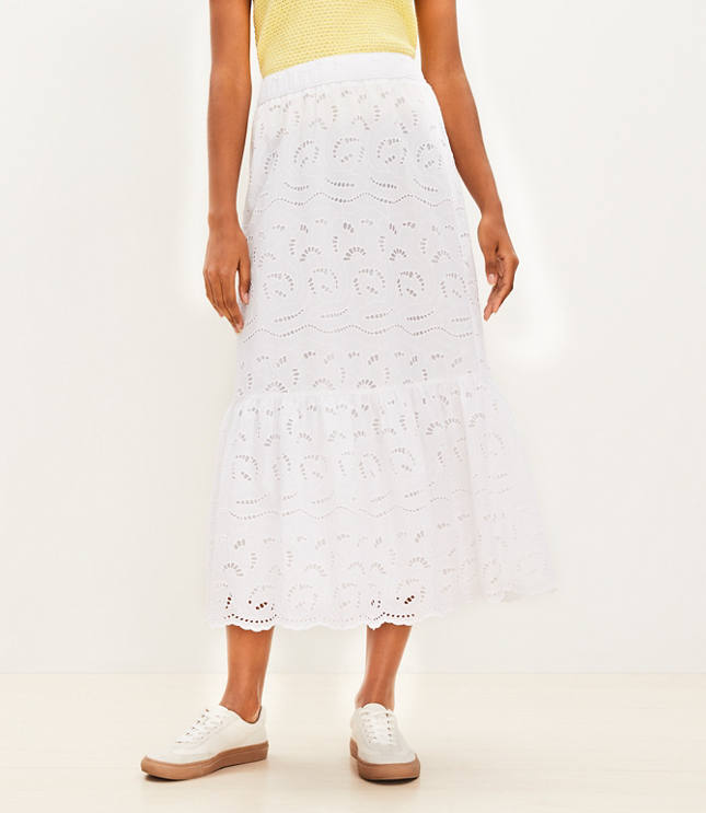 Tiered Eyelet Midi Skirt