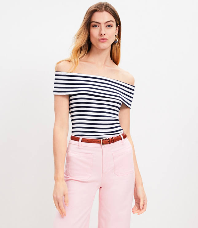 【PORTERNA】Clean ribbon off-shoulder Stripe Ribbed Off The Shoulder Top