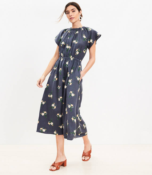 Daffodil Linen Blend Smocked Flutter Sleeve Midi Dress