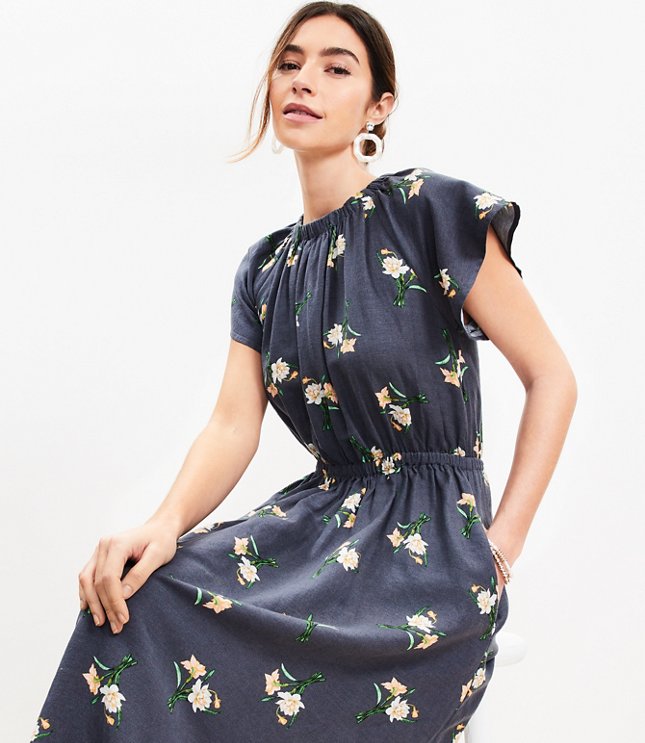 Petite Floral Shirred Flounce Midi Dress