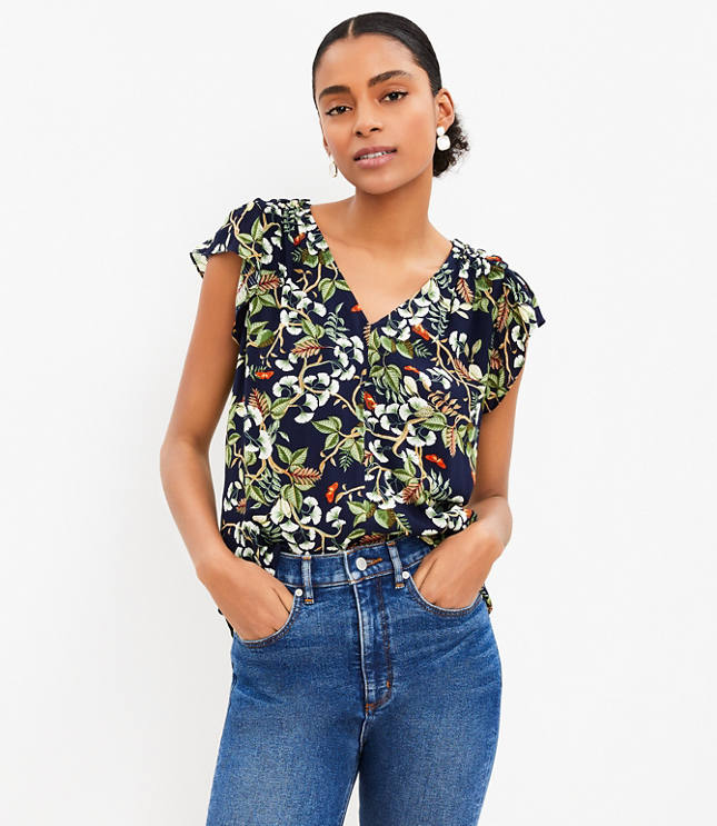 Petite Paisley Ruffle Yoke Tie Neck Top