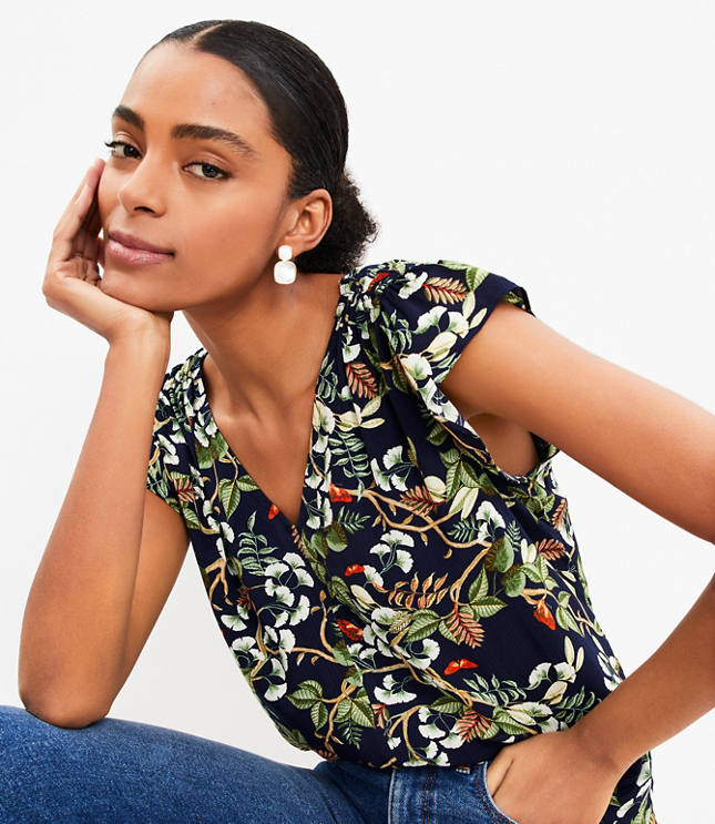 Petite Leafed Smocked Shoulder Flutter Sleeve Top