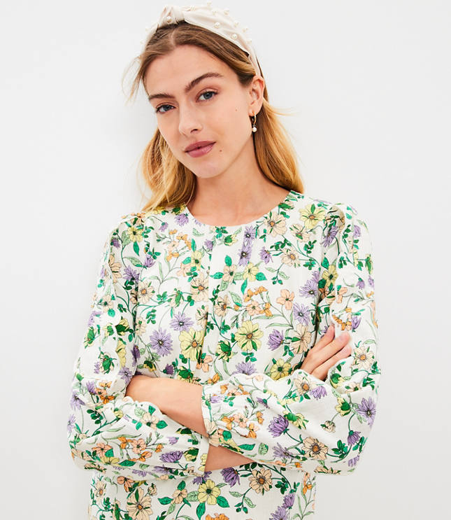 Petite Floral Linen Blend Long Sleeve Shift Dress