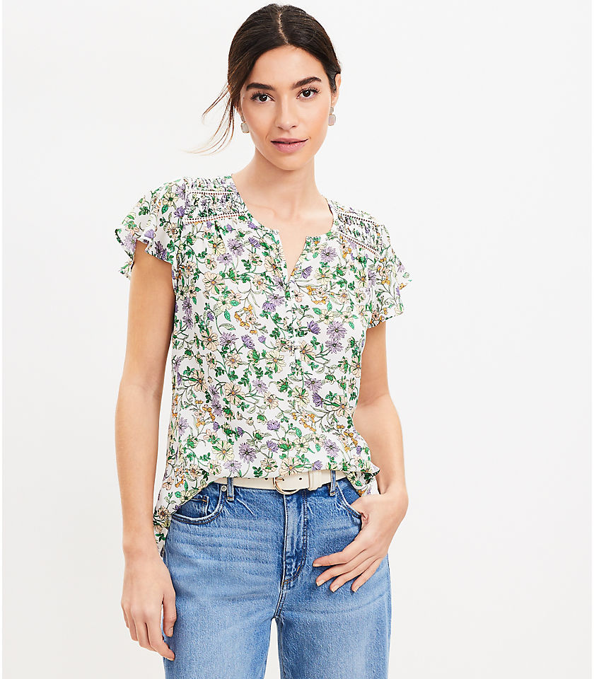 Floral Lace Trim Mixed Media Henley Top