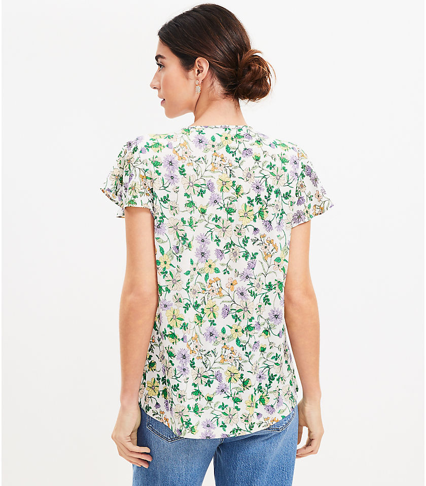 Floral Lace Trim Mixed Media Henley Top