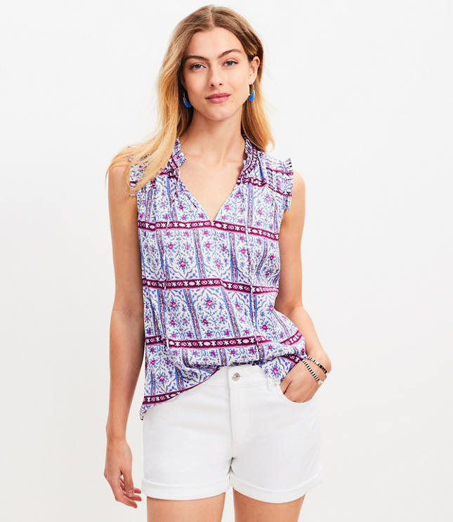 Floral Lace Trim Mixed Media Henley Top