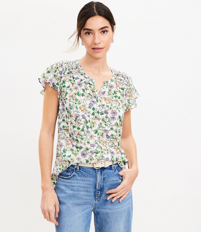 Petite Floral Lace Trim Mixed Media Henley Top