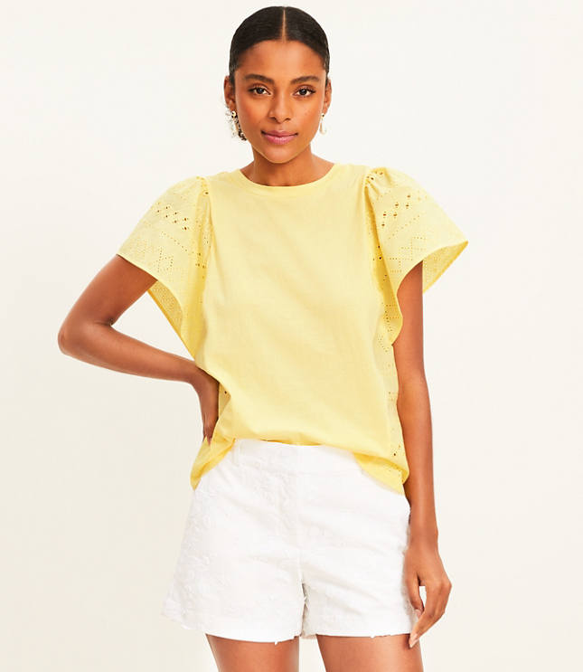 Eyelet Flutter Sleeve Top - Lemon Squeeze