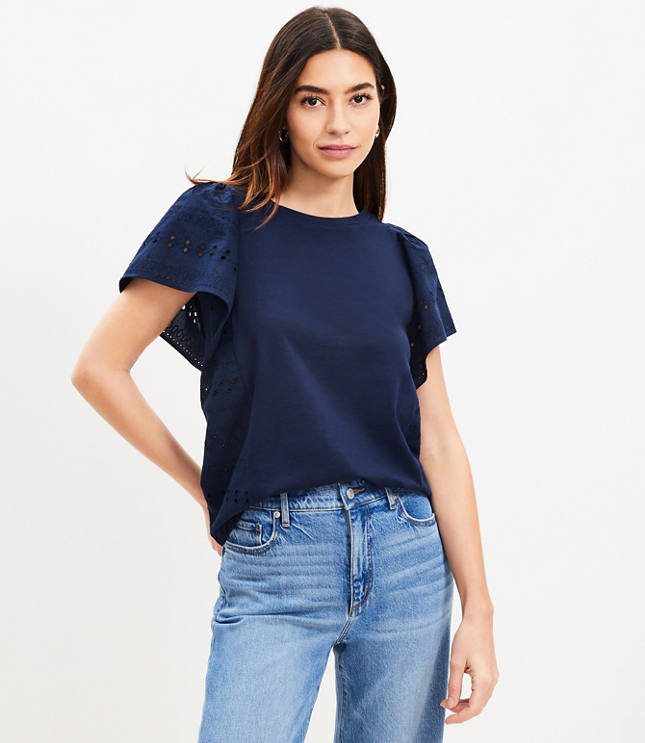 Eyelet Flutter Sleeve Top - Deep Space Blue