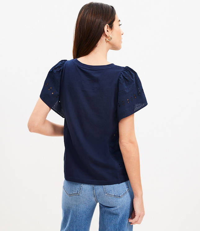 Eyelet Flutter Sleeve Scalloped V-Neck Top