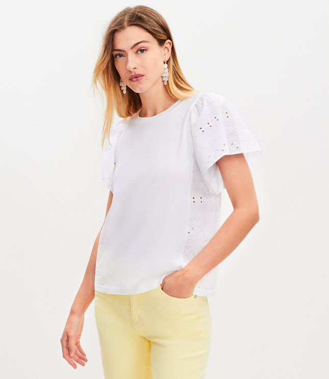 Eyelet Flutter Sleeve Top - White