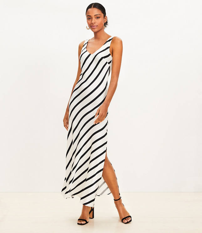 Striped Ruffle Strappy Midi Dress - White